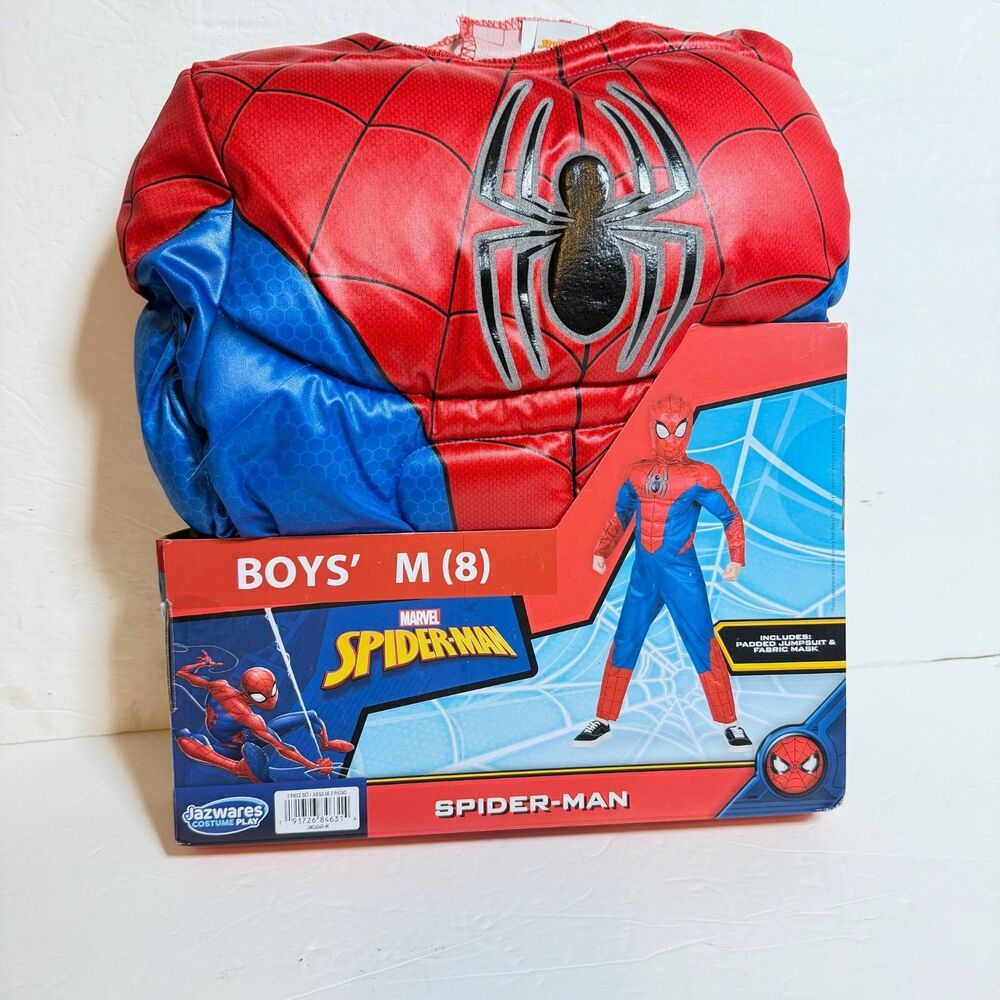 Marvel Spider-Man Boys Costume Size M 8 Padded Jumpsuit Mask NEW Jazwares